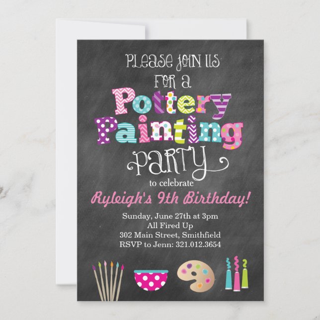 Pottery Painting Party Chalkboard Style Invitation (Devant)