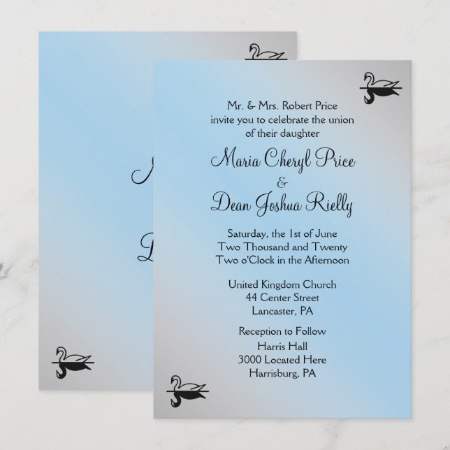 Poudre de cygne bleu mariage invitations (Devant / Derrière)