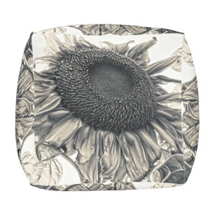 Pouf Fleurs de soleil géantes Vintage Sepia Art Design