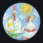 POULET DE LA MER, MAGNET DE DESSIN AMUSANT<br><div class="desc">Poulet Se Plonger Au Soleil. ROOSTER & HEN MAGNET Round *Personnaliser Susan Brack</div>