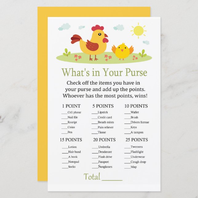 Poulet Qu'y a-t-il dans votre baby shower de jeu d (Devant / Derrière)