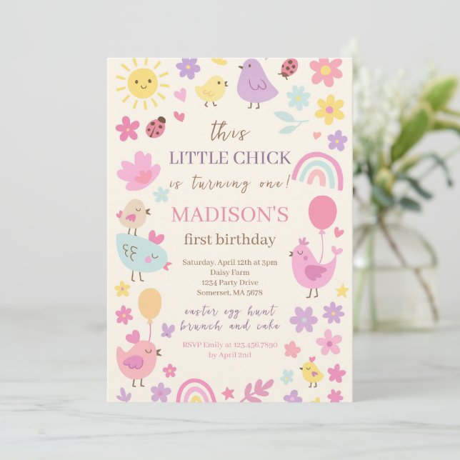 Poulet rose 1er Anniversaire Fête Invitation (Debout devant)