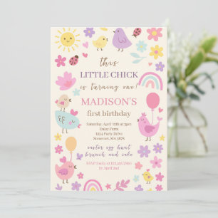 Poulet rose 1er Anniversaire Fête Invitation