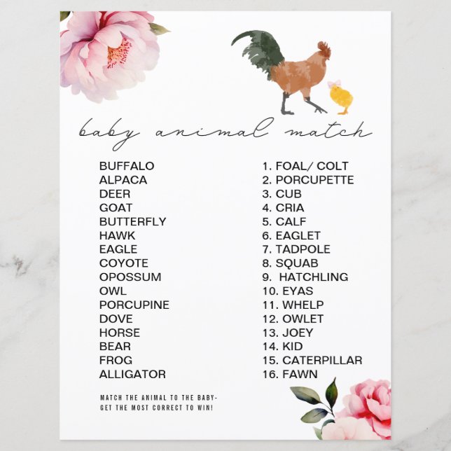 Poulet rose Floral Baby shower animal match jeu (Devant)