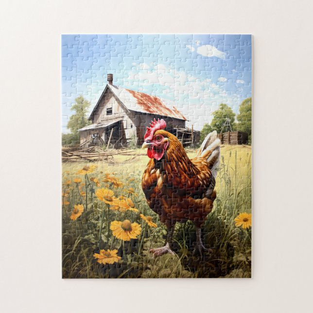 Poulet sur un puzzle agricole. (Vertical)