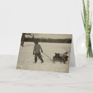 Poulets dans la carte de voeux de neige