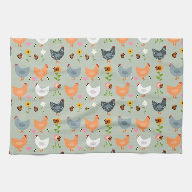 Poulets dans les fleurs Serviette de cuisine (Horizontal)