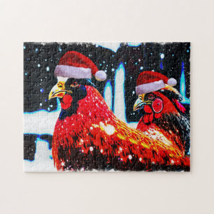 Poulets en Santa Hats Hiver Art Puzzle