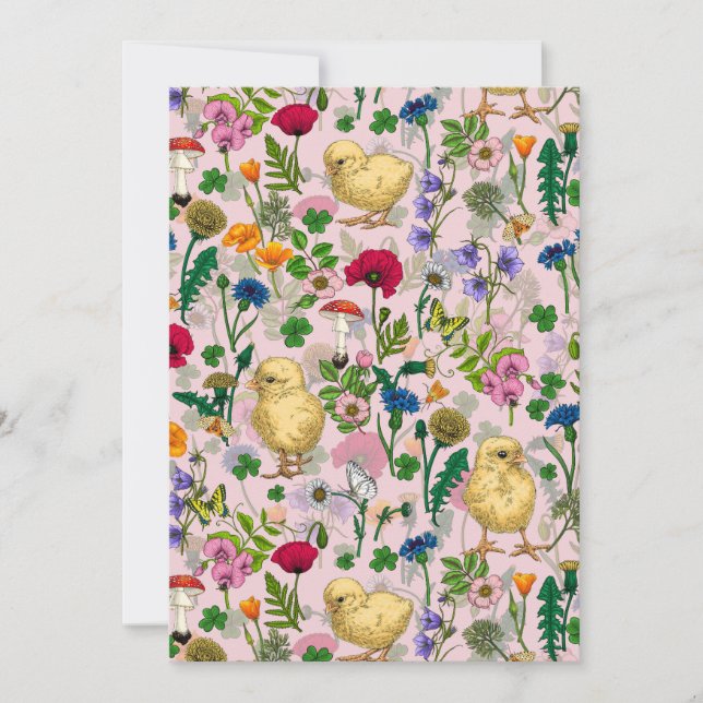 Poulets et fleurs sauvages sur coton bonbon rose (Devant)