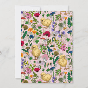 Poulets et fleurs sauvages sur coton bonbon rose