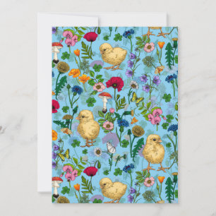 Poulets et fleurs sauvages sur le bleu bébé