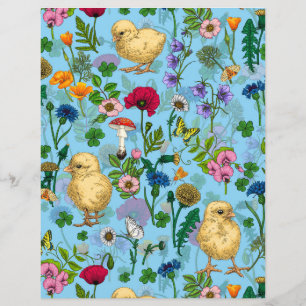 Poulets et fleurs sauvages sur le bleu bébé