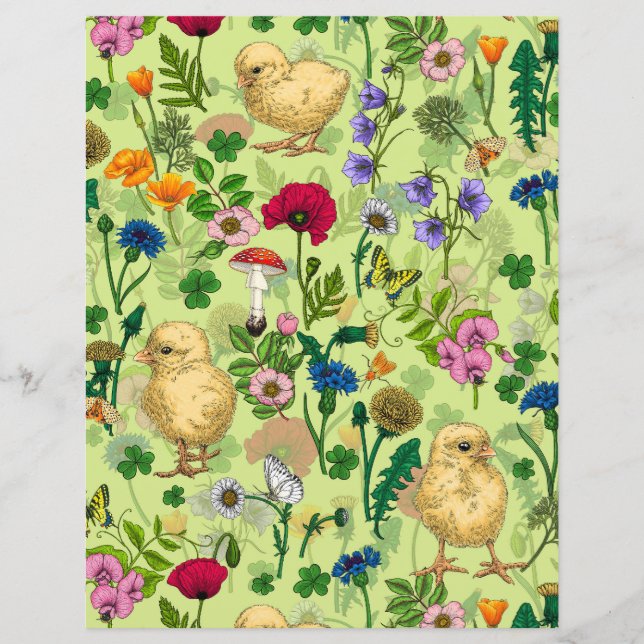 Poulets et fleurs sauvages sur le vert de rosée mi (Devant)