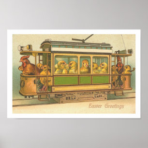 Poulets sur une affiche de Pâques de chariot