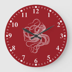 poulpe blanche sur une grande horloge rouge foncé