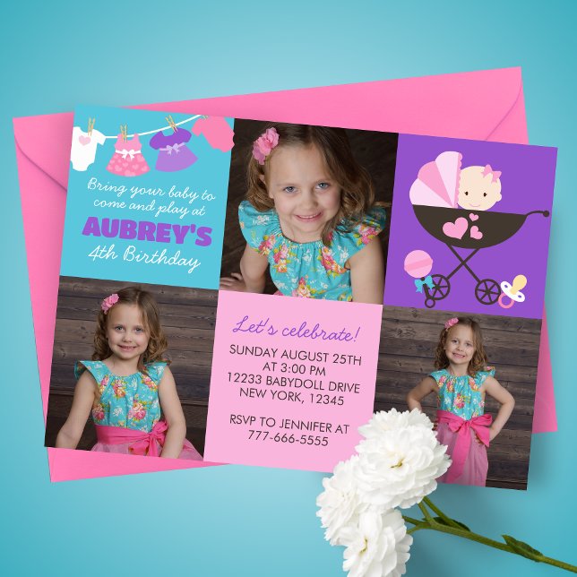 Poupée bébé 3 Photo Invitation anniversaire (Baby Doll Birthday 3 Picture Party Invitations. Available printed or digital download )