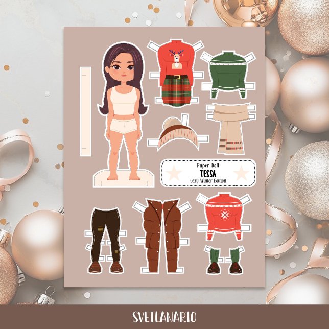 Poupée en papier de Noël Fille Brune Robe d'Hiver (Créateur téléchargé)