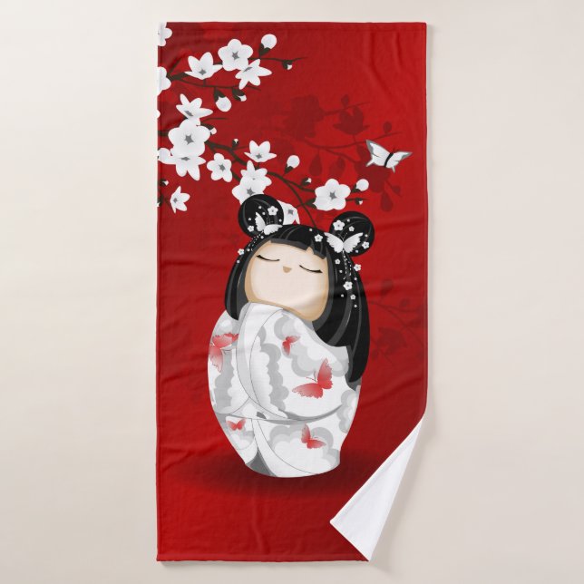 Poupée Kokeshi Rouge Noir Blanc Cerisier Fleurs (Serviette de bain)
