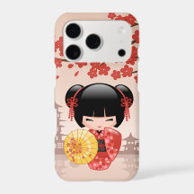 Poupée Kokeshi Rouge Sakura Geisha Fille Beige