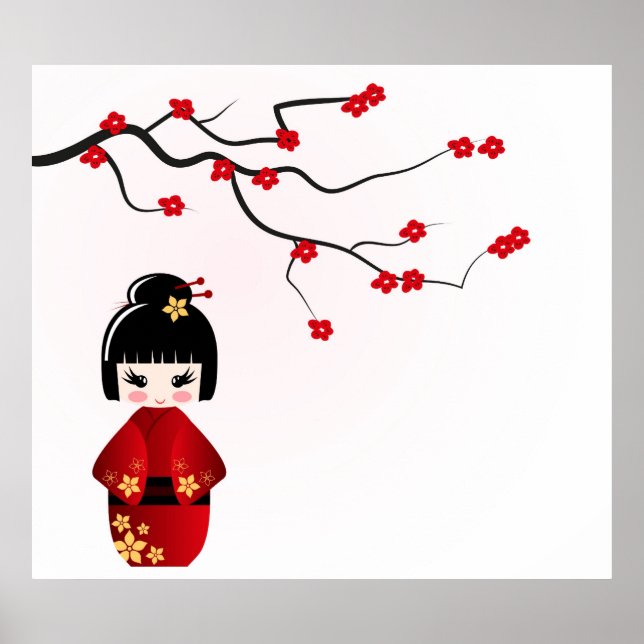 Poupée Kokeshi sous affiche de branche de sakura (Devant)
