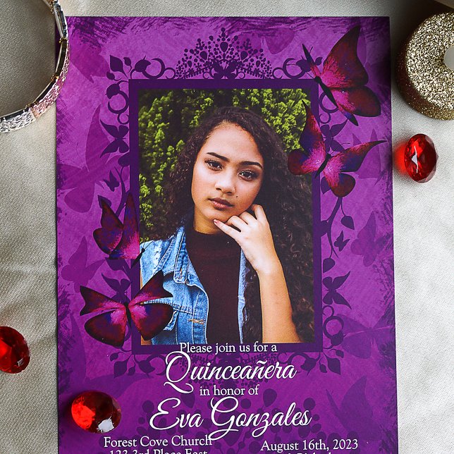 Poupée, Papillon rose Quinceanera Invitation (Purple and red mis quince butterfly invitations for elegant purple quinceanera)