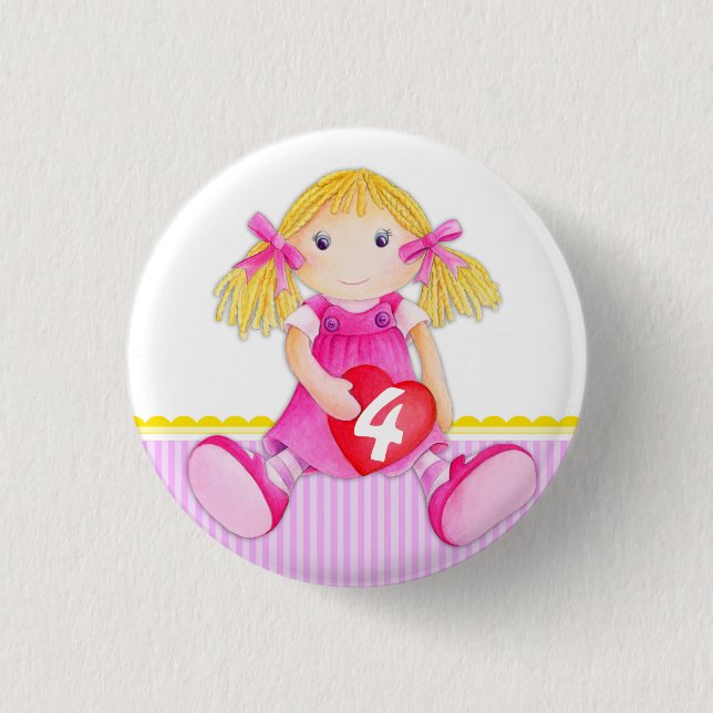 Poupée Rag fille âge 4 anniversaire badge bouton (Devant)