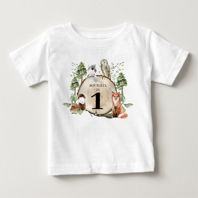 Pour Bébé Bois Animaux Garçon 1er Anniversaire T-shirt (Devant)