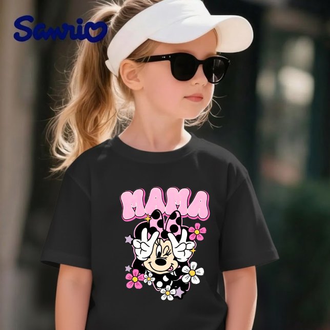Pour Bébé Minnie Mouse Mama Peace Sign Flowers Black T-Shirt (Créateur téléchargé)