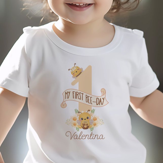 Pour Bébé "Mon premier jour de bee" T-shirt de 1er anniversa (My first bee-day 1st birthday shirt cute bees and flowers with custom name girls first birthday )