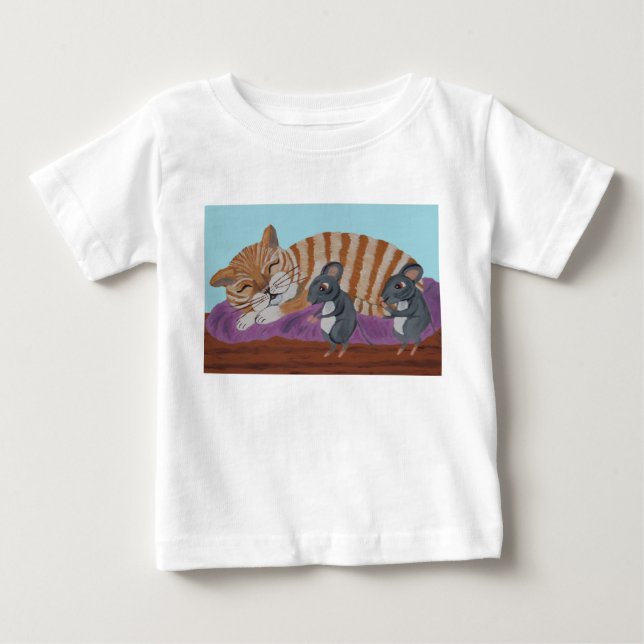 Pour Bébé Sleeping Cat with Sneaky Mice T-Shirt (Devant)