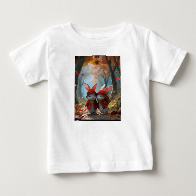 Pour Bébé sur T-shirt blanc mignon deux petits lapins (Devant)