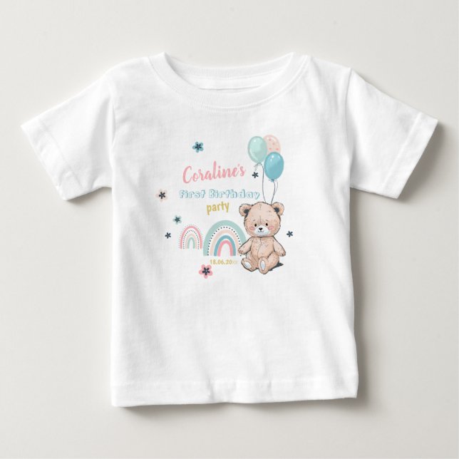 Pour Bébé T-shirt 1er anniversaire avec un joli ours en pelu (Devant)