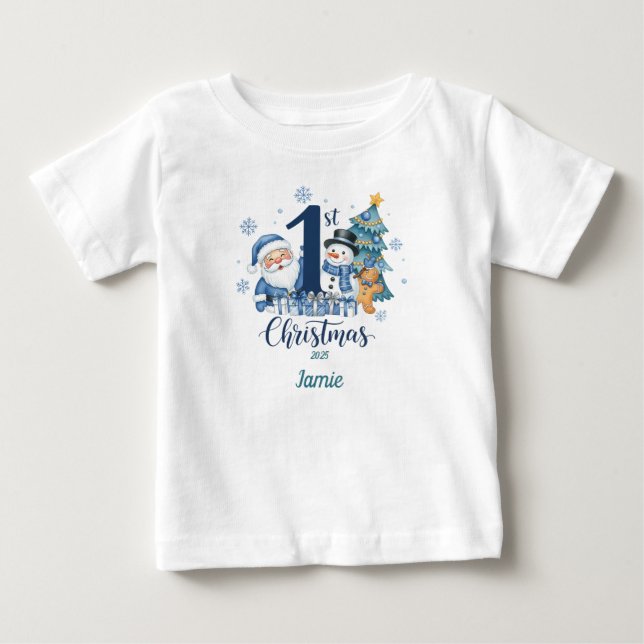 Pour Bébé T-shirt 1er Noël bleu personnalisable (Devant)