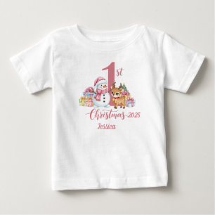 Pour Bébé T-shirt 1er Noël rose personnalisable