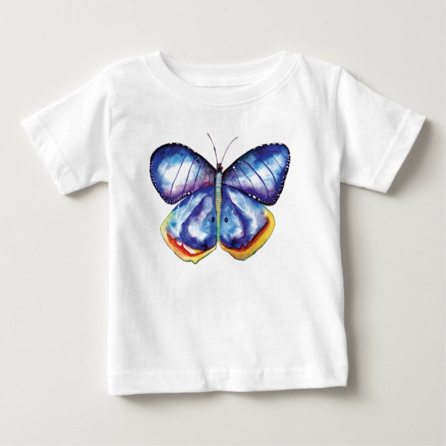 Pour Bébé T-shirt à manches longues à papillon bleu, blanc (Devant)