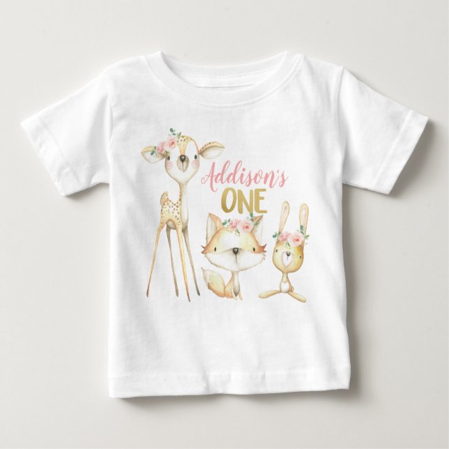 Pour Bébé T-shirt rose Floral Woodland Premier anniversaire (Devant)