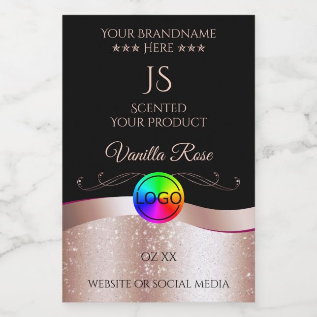 Pour Bocaux Black Wavy Rose Gold Logo Monogramme Étiquette pro (Étiquettes simples)