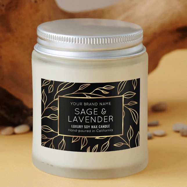 Pour Bocaux Chic Black & Gold Floral Waterproof Étiquette prod (Black and gold floral rectangle product label design with faux gold effects and modern typography)