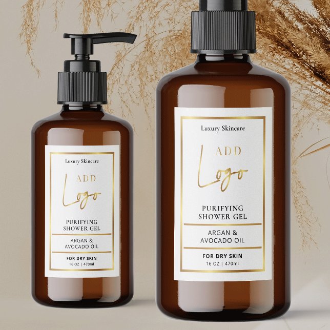 Pour Bocaux Élégant logo or 8 à 16 OZ Étiquette bouteille cosm (Elegant white and faux gold cosmetic bottle waterproof label with you custom text and logo)