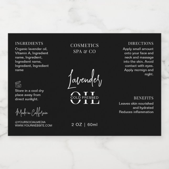 Pour Bocaux Étiquette cosmétique noire moderne 2 OZ étanche (Étiquettes simples)