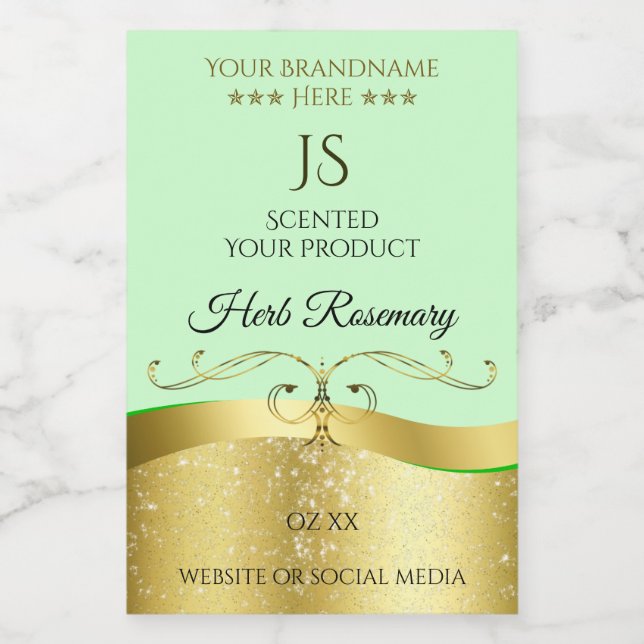Pour Bocaux Étiquette de Monogramme vert clair Wavy Gold (Étiquettes simples)