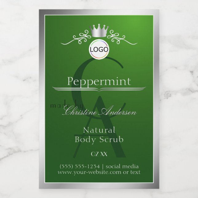 Pour Bocaux Étiquette de produit vert cadre argenté logo et mo (Étiquettes simples)
