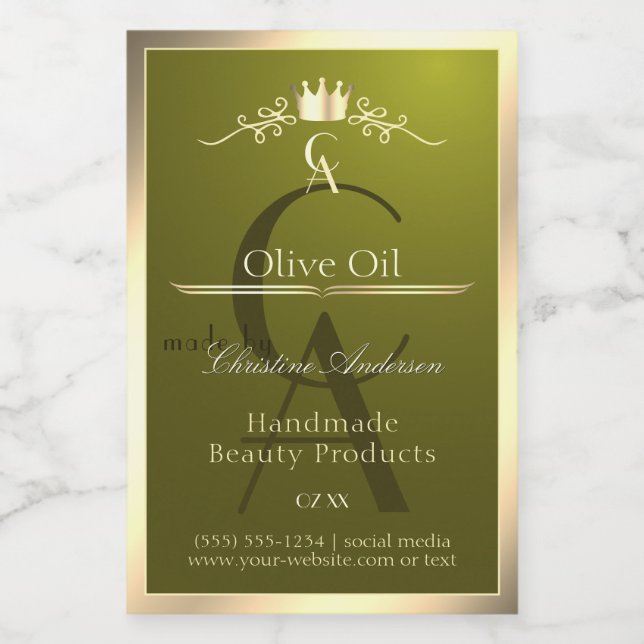Pour Bocaux Étiquette de produit vert olive avec monogramme à  (Étiquettes simples)
