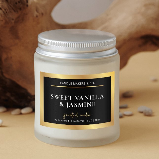 Pour Bocaux Étiquette d'emballage de produits Black & Gold (Trendy and chic black and gold foil effect border rectangle candle jar labels)