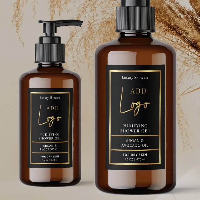 Pour Bocaux Logo Noir & Or 8 à 16 OZ Étiquette de bouteille co (Modern black and gold logo cosmetics waterproof label with fully editable text and gold effects)