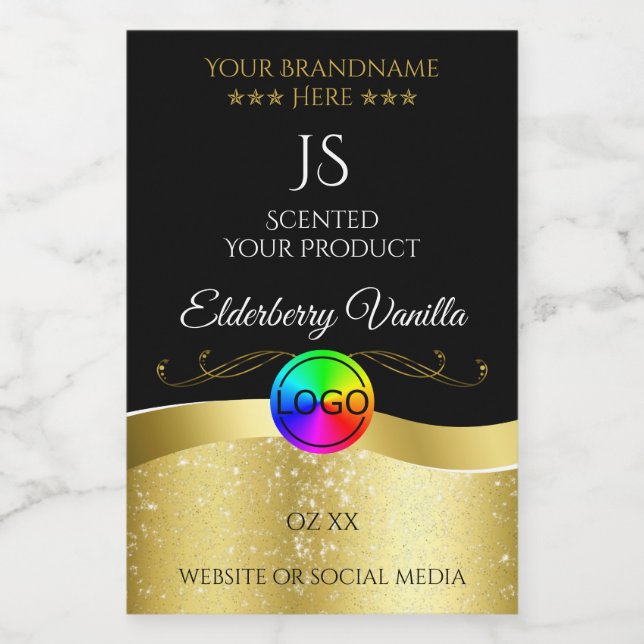 Pour Bocaux Noir foncé Wavy Gold Logo Monogramme Étiquette pro (Étiquettes simples)