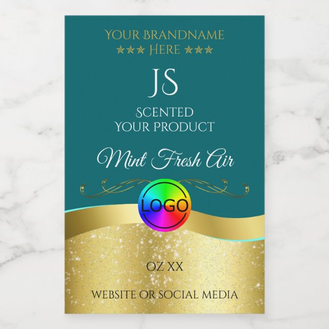 Pour Bocaux Noir Turquoise Wavy Gold Logo Monogramme Étiquette (Étiquettes simples)