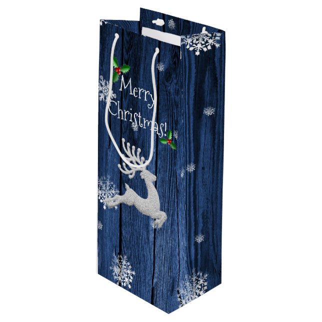 Pour Bouteille Bleu Rustique Noël Reindeer Vin Sac cadeau (Devant Angle)