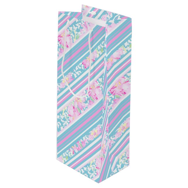 Pour Bouteille Papillons rose Pink Blue Stripes Vin Sac cadeau (Devant Angle)
