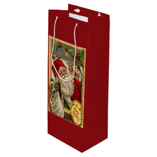 Pour Bouteille Père Noël à la fenêtre avec sac cadeau de vin joue